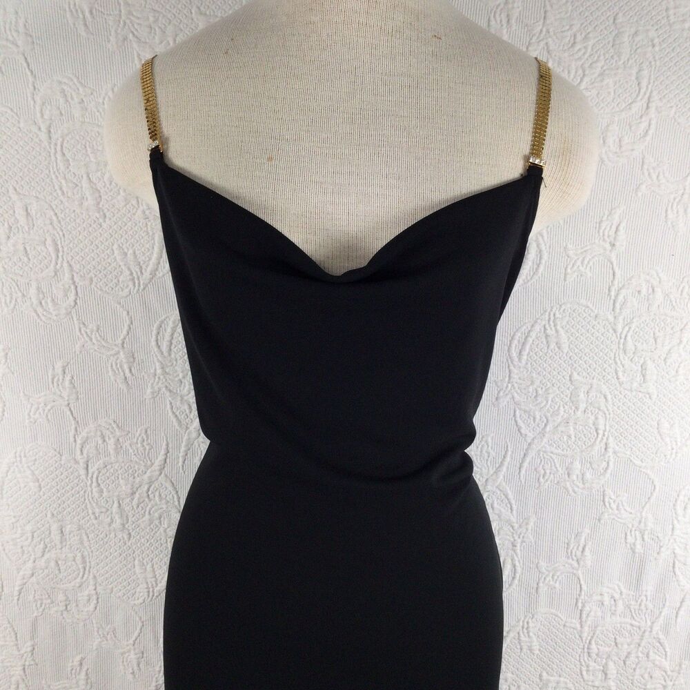 Gunne Sax Y2K Long Party Dress Cowl Neck Gold Metal Straps Evening Gown Elegant